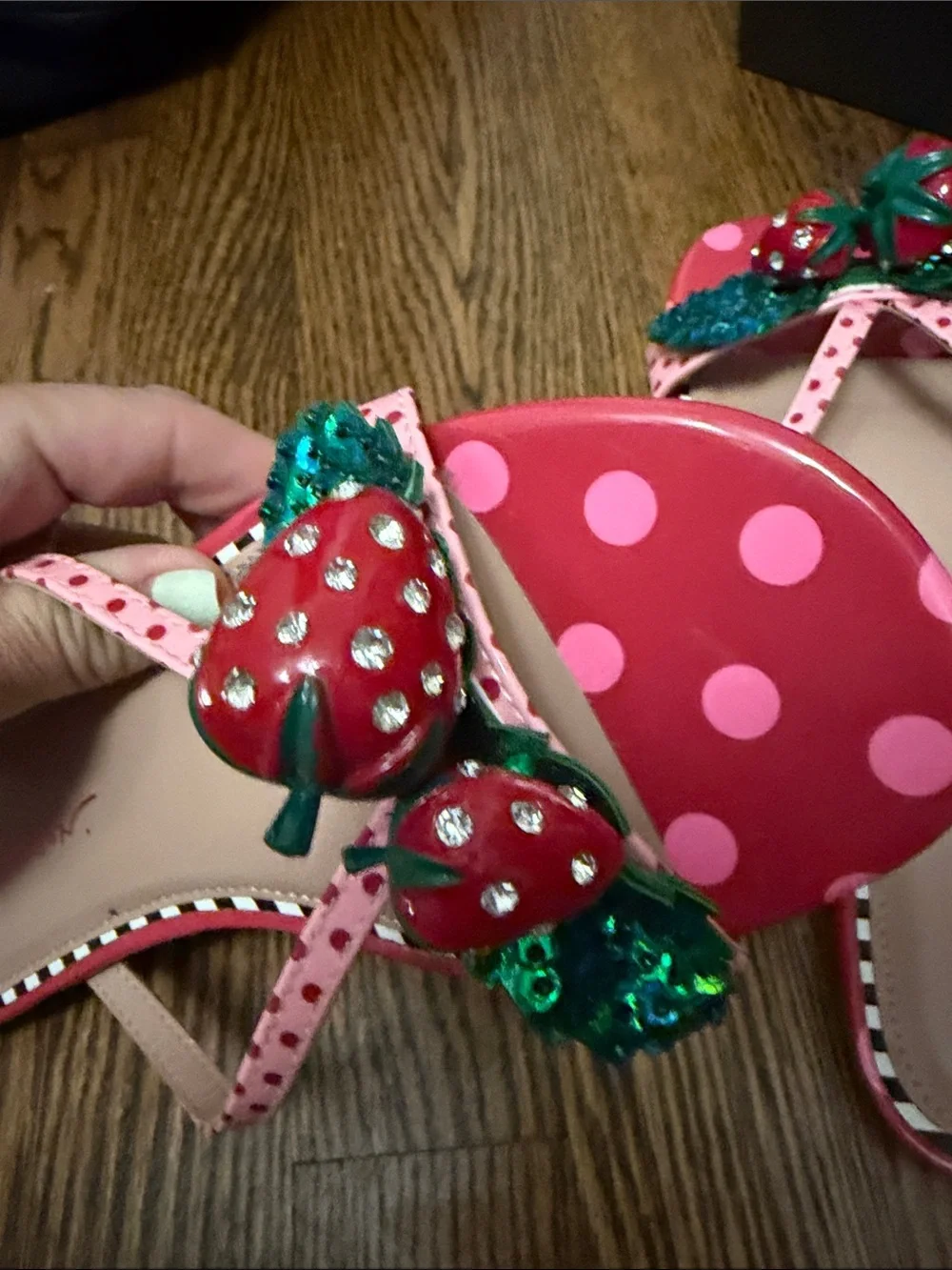Betsey Johnson Pink Polka Dot Sandals with Red Strawberry Embellishments